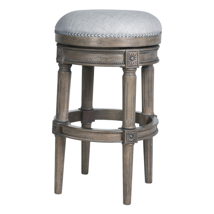 31" Gray Fabric And Solid Wood Backless Bar Height Swivel Bar Chair