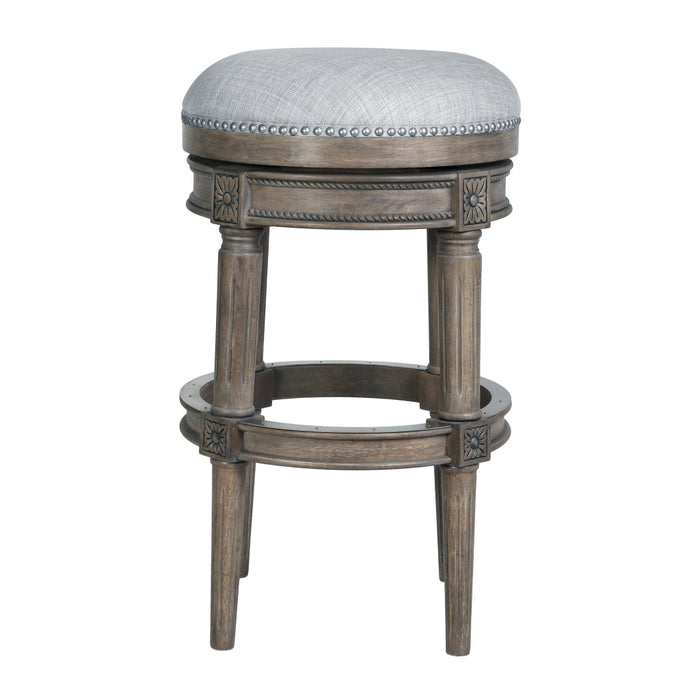 31" Gray Fabric And Solid Wood Backless Bar Height Swivel Bar Chair