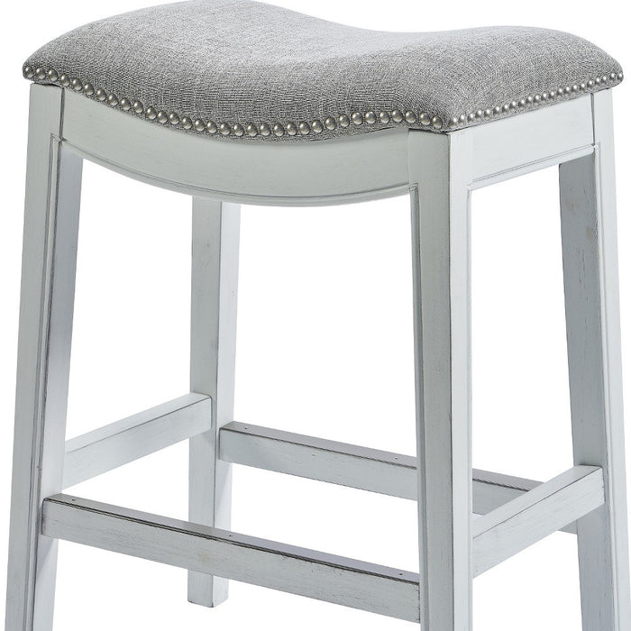 31" Light Gray And White Fabric And Solid Wood Backless Bar Height Bar Chair