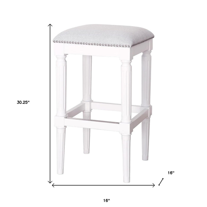 31" Light Gray And White Fabric And Solid Wood Backless Bar Height Bar Chair