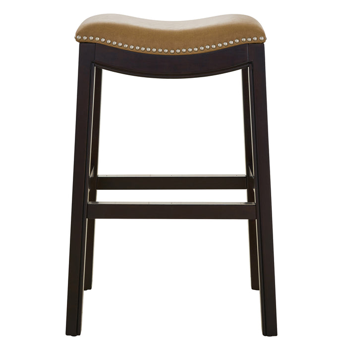 31" Tan And Espresso Faux Leather And Solid Wood Backless Counter Height Bar Chair