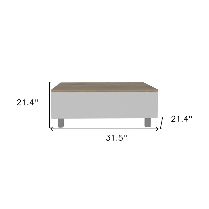 32" White And Light Oak Manufactured Wood Rectangular Lift Top Coffee Table With Drawer And Shelf