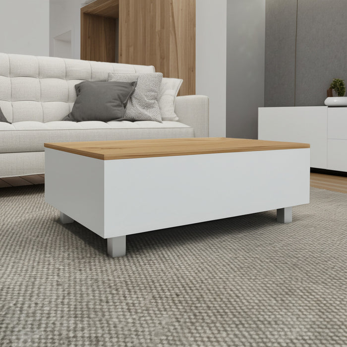 32" White And Oak Brown Wood and Metal Lift Top Coffee Table