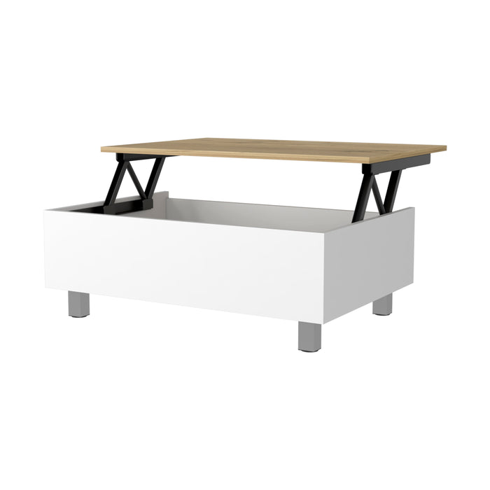 32" White And Oak Brown Wood and Metal Lift Top Coffee Table