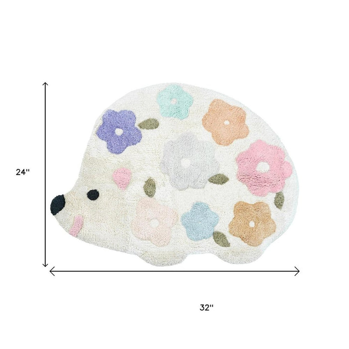 32" White Blue And Pink Cotton Hedgehog Floral Print Bath Rug