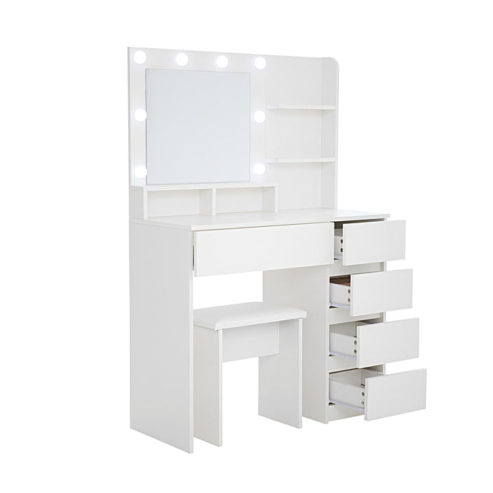 35" White Wood Five Drawer Vanity Table