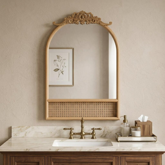 36" Brown Wood And Rattan Arch With Scroll Framed Accent Mirror