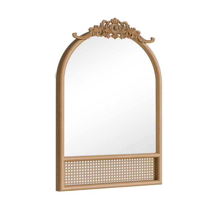 36" Brown Wood And Rattan Arch With Scroll Framed Accent Mirror