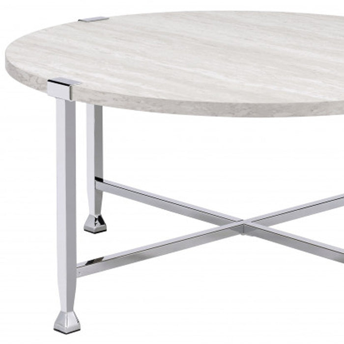 36" White and Silver Metal Round Cross Legs Coffee Table