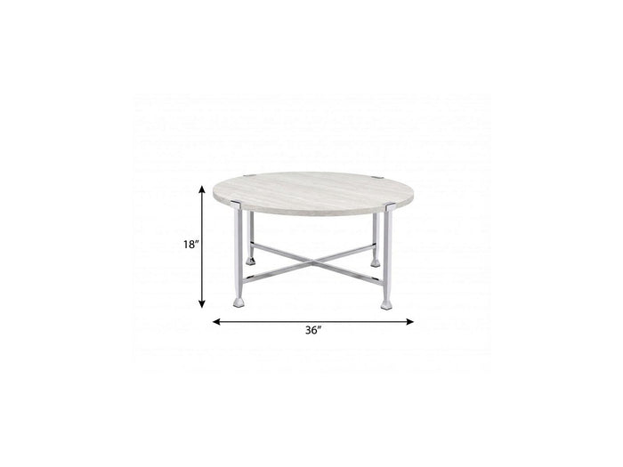 36" White and Silver Metal Round Cross Legs Coffee Table