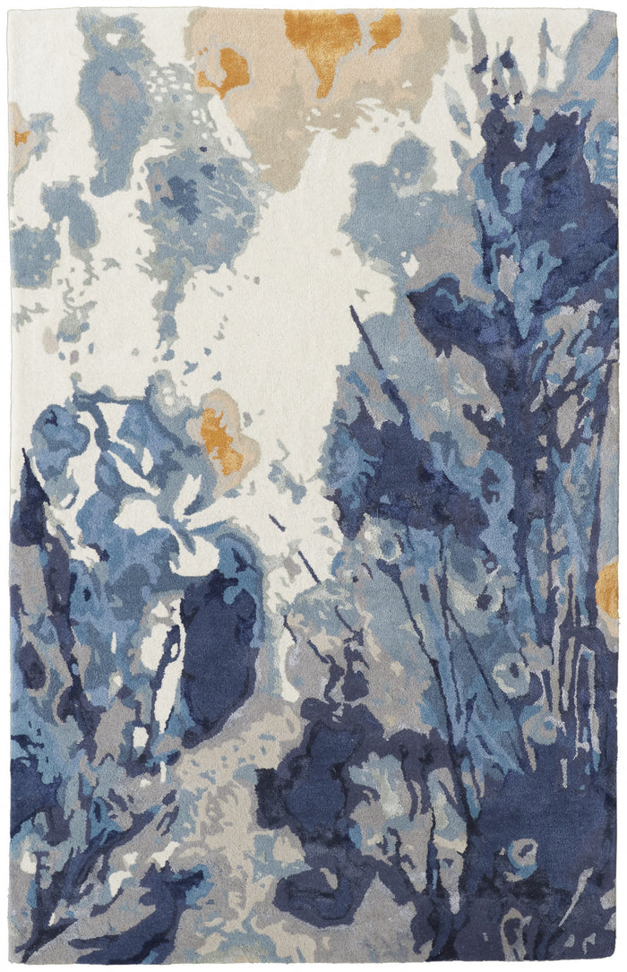 4' X 6' Blue Copper And Ivory Wool Floral Hand Tufted Area Rug