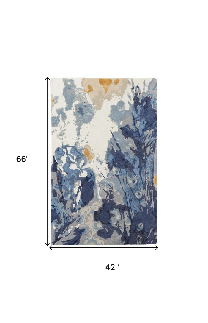 4' X 6' Blue Copper And Ivory Wool Floral Hand Tufted Area Rug