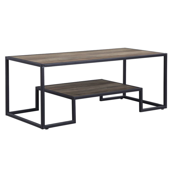 45" Brown and Black Metal Sled Coffee Table With Shelf