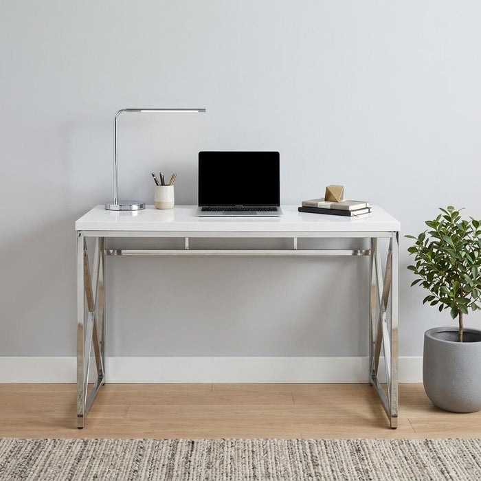 47" White and Silver Wood and Metal Computer Desk