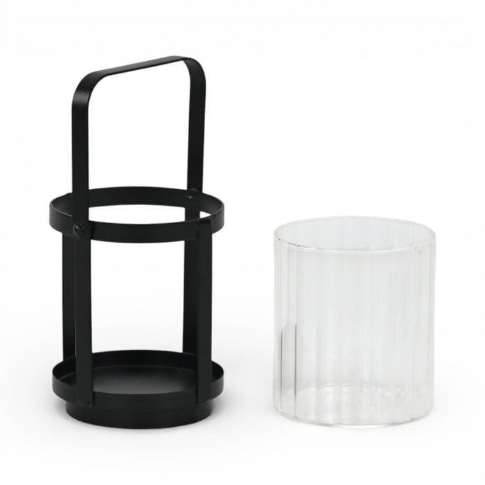 5" Clear And Black Glass And Metal Tabletop Lantern Candle Holder
