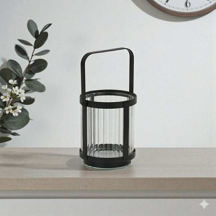 5" Clear And Black Glass And Metal Tabletop Lantern Candle Holder