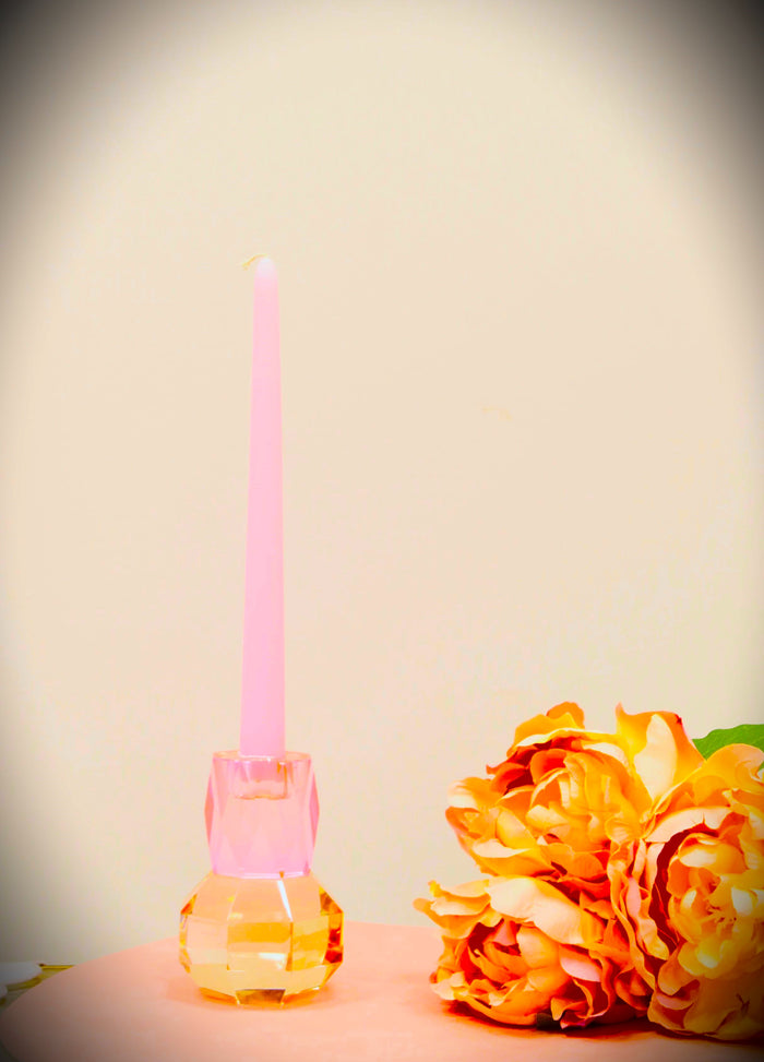 5" Pink And Clear Faceted Crystal Tabletop Taper Candlestick