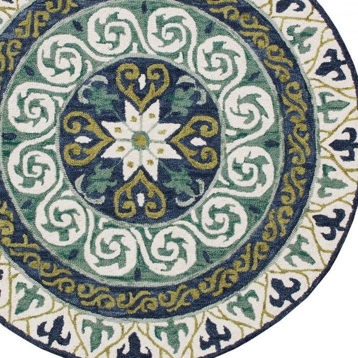 5' Round Blue and Green Ornate Medallion Area Rug