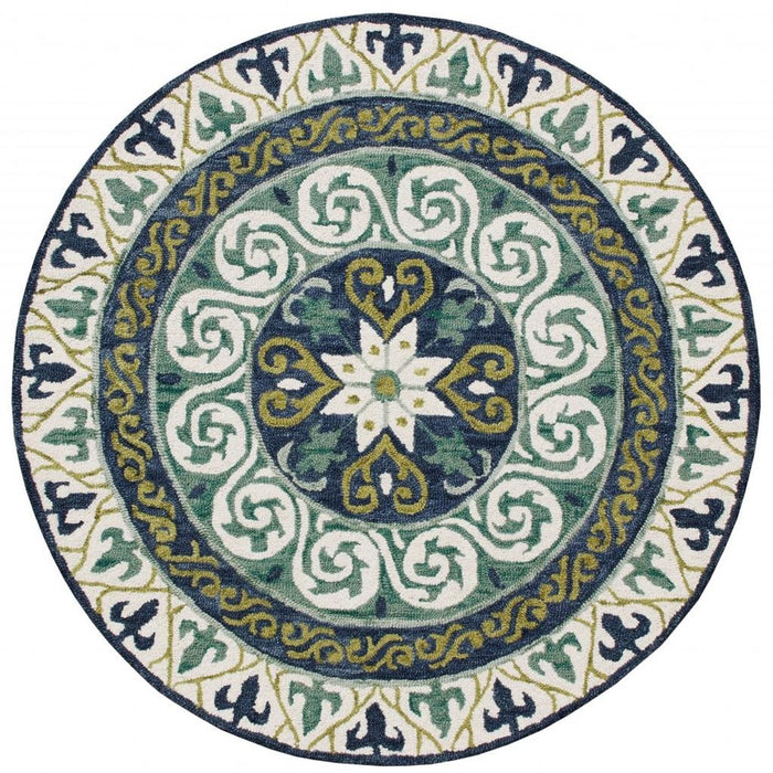 5' Round Blue and Green Ornate Medallion Area Rug