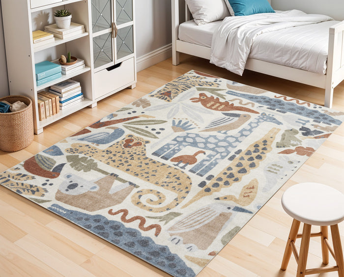 5' X 7' Ivory Blue and Gray Animal Print Washable Area Rug