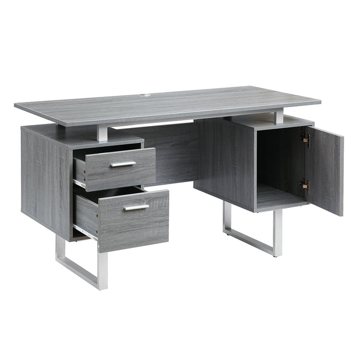 51" Gray and Silver Wood and Steel Pedestal Executive Desk With Two Drawers