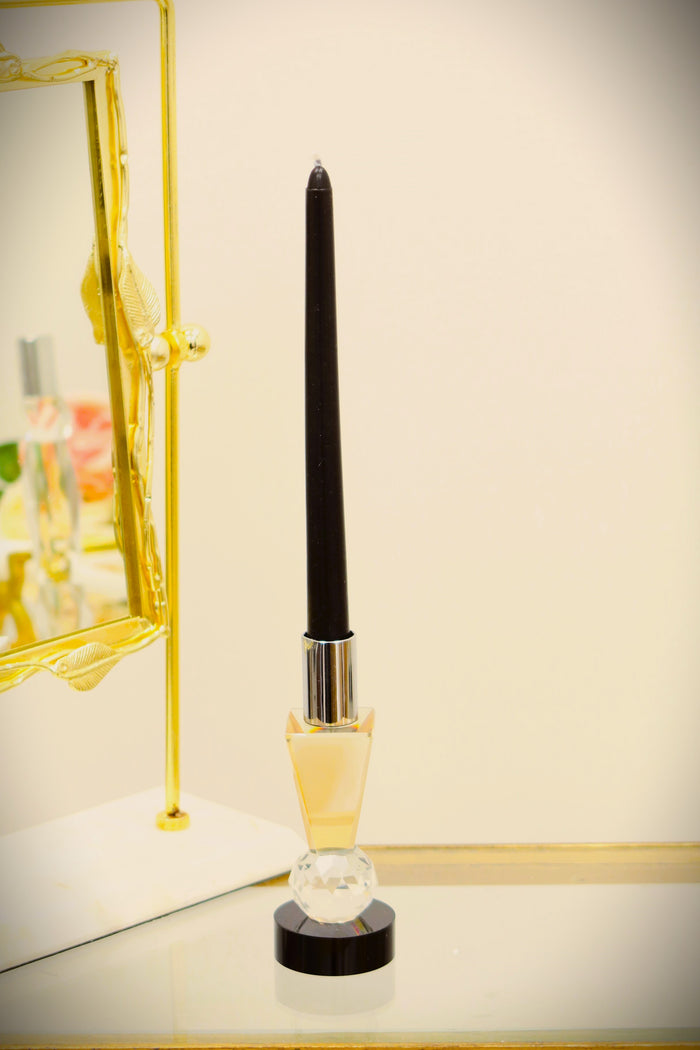 6" Silver Amber Clear And Black Faceted Crystal Tabletop Taper Candlestick
