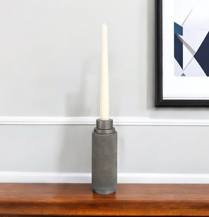 7" Gray Distressed Aluminum Geometric Tabletop Taper Candle Holder