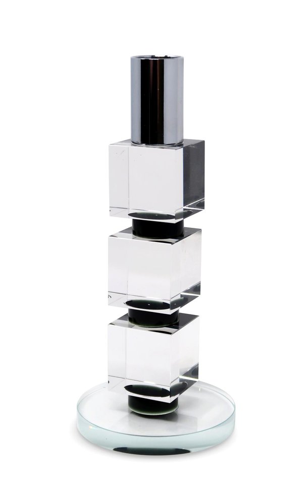 7" Silver Clear And Black Block And Cylinder Crystal Tabletop Taper Candlestick