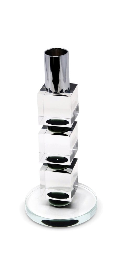 7" Silver Clear And Black Block And Cylinder Crystal Tabletop Taper Candlestick