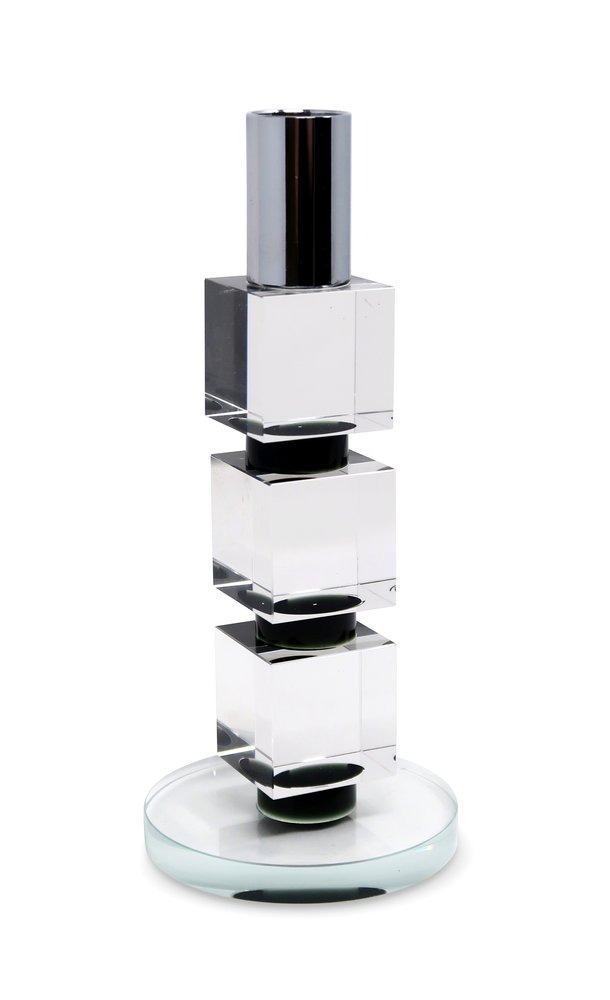 7" Silver Clear And Black Block And Cylinder Crystal Tabletop Taper Candlestick