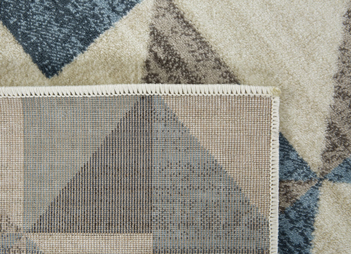 8' Beige Blue And Gray Geometric Runner Rug