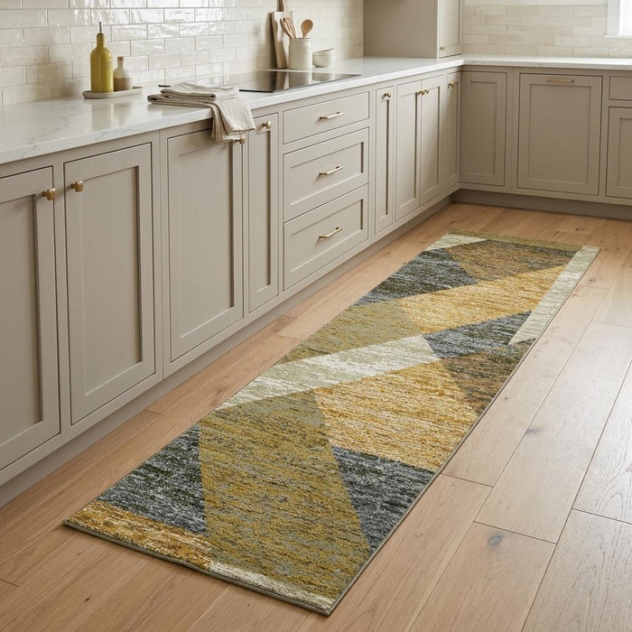 8' Blue And Beige Geometric Runner Rug