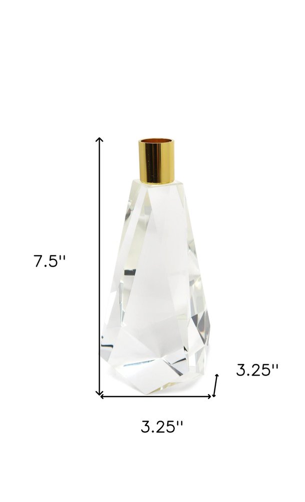 8" Clear And Gold Geo Faceted Crystal Tabletop Taper Candlestick