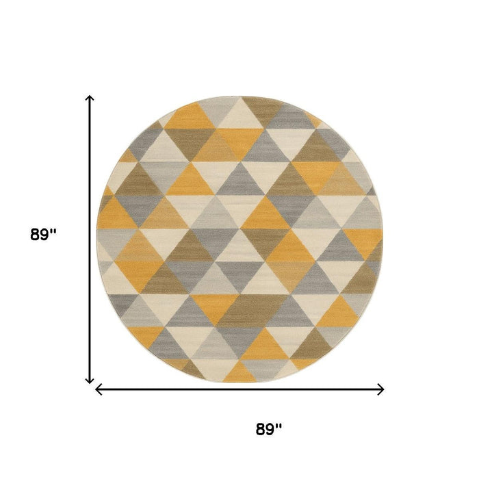 8' Yellow Round Geometric Washable Non Skid Area Rug
