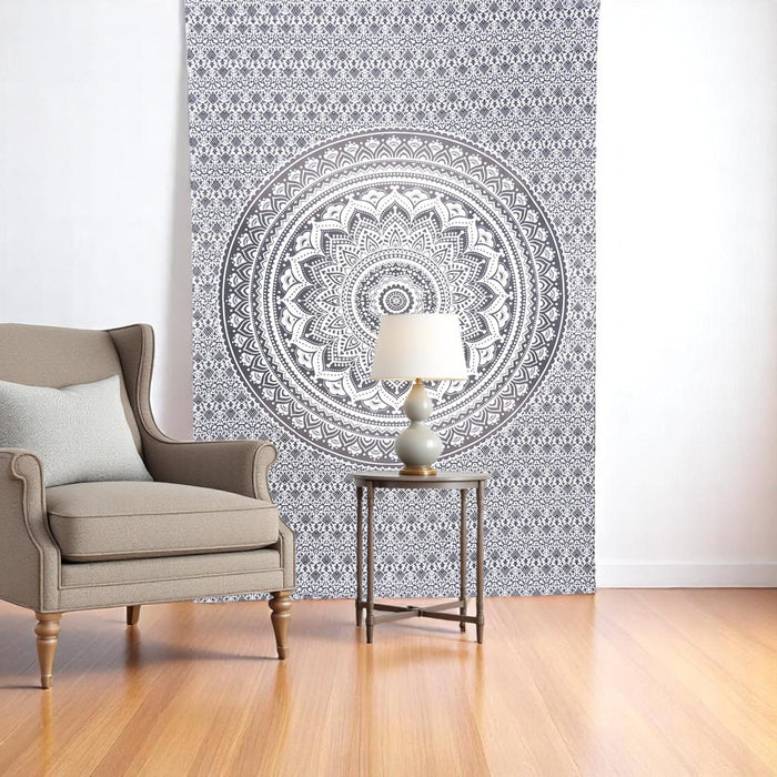 80" X 56" Gray And White Mandala Cotton Hanging Tapestry