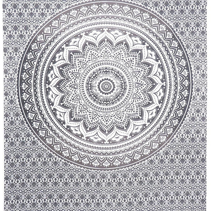 80" X 56" Gray And White Mandala Cotton Hanging Tapestry