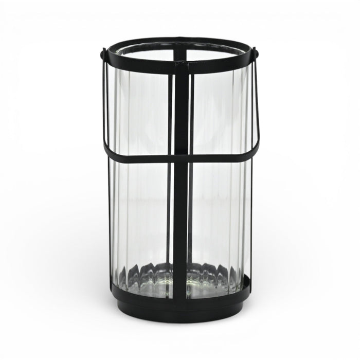 9" Clear And Black Glass And Metal Tabletop Lantern Candle Holder