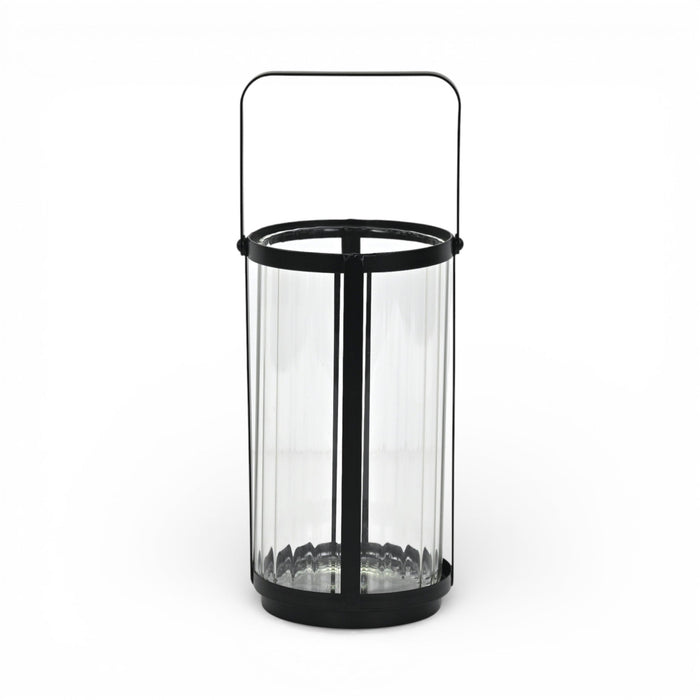 9" Clear And Black Glass And Metal Tabletop Lantern Candle Holder