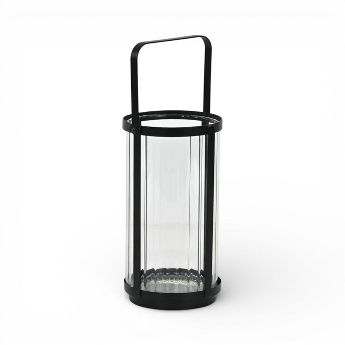 9" Clear And Black Glass And Metal Tabletop Lantern Candle Holder