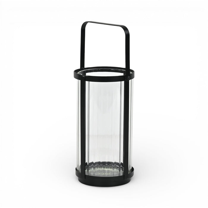 9" Clear And Black Glass And Metal Tabletop Lantern Candle Holder