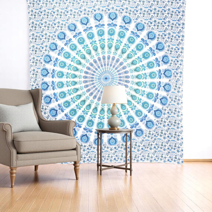 92" X 84" Blue Green And White Mandala Cotton Hanging Tapestry