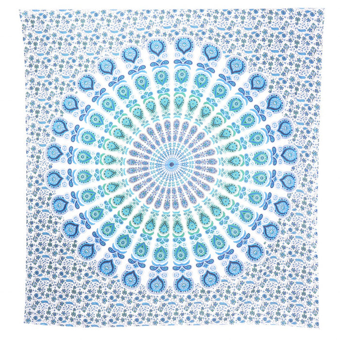 92" X 84" Blue Green And White Mandala Cotton Hanging Tapestry
