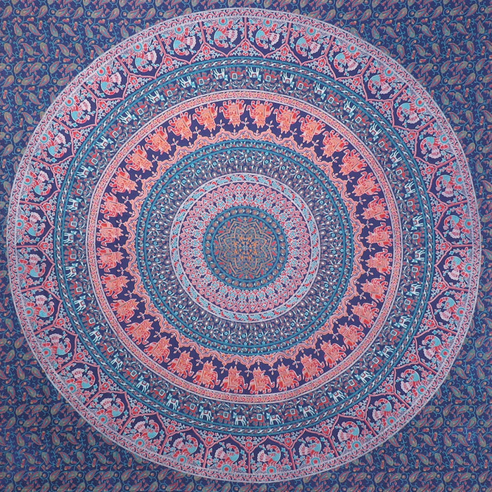 92" X 84" Green Blue And Orange Mandala Cotton Hanging Tapestry