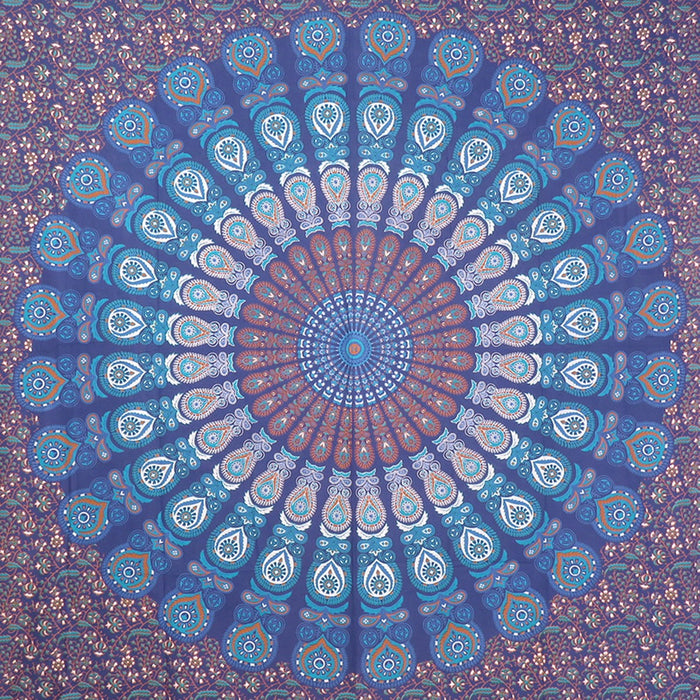 92" X 84" Navy Blue Ivory And Brown Mandala Cotton Hanging Tapestry