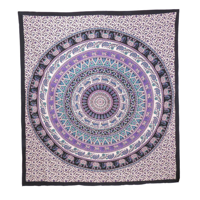 92" X 84" Purple Black And White Mandala Cotton Hanging Tapestry