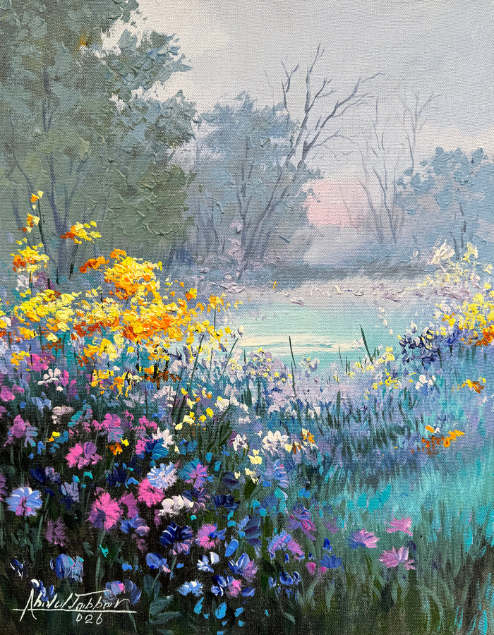Abdul Jabbar wildflower meadow oil painting on canvas 14x18 inches landscape with colorful flowers misty trees and water