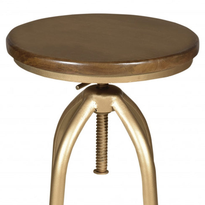 Brown And Gold Solid Wood And Steel Backless Adjustable Height Swivel Bar Chair