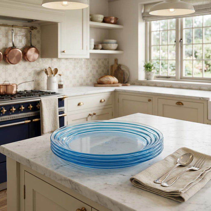Clear and Blue Four Piece Swirl Acrylic Service For Four Dinner Plate Set