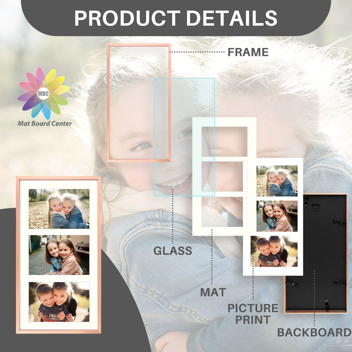 Clearance 8.5x16.3 Aluminum Collage Picture Frame for Three 5x7 Photos Rose Gold (8 Pcs Per Box)