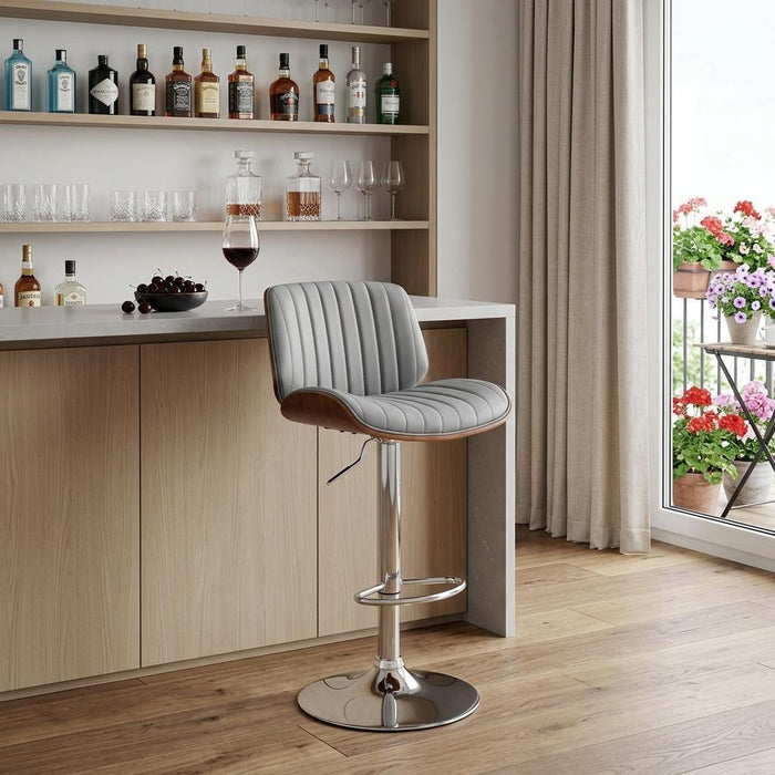 Gray And Silver Fabric And Iron Adjustable Height Swivel Bar Chair